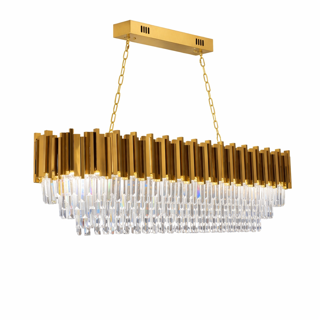 Boeotia rectangular chandelier with gold cuboid tubing and crystal bars