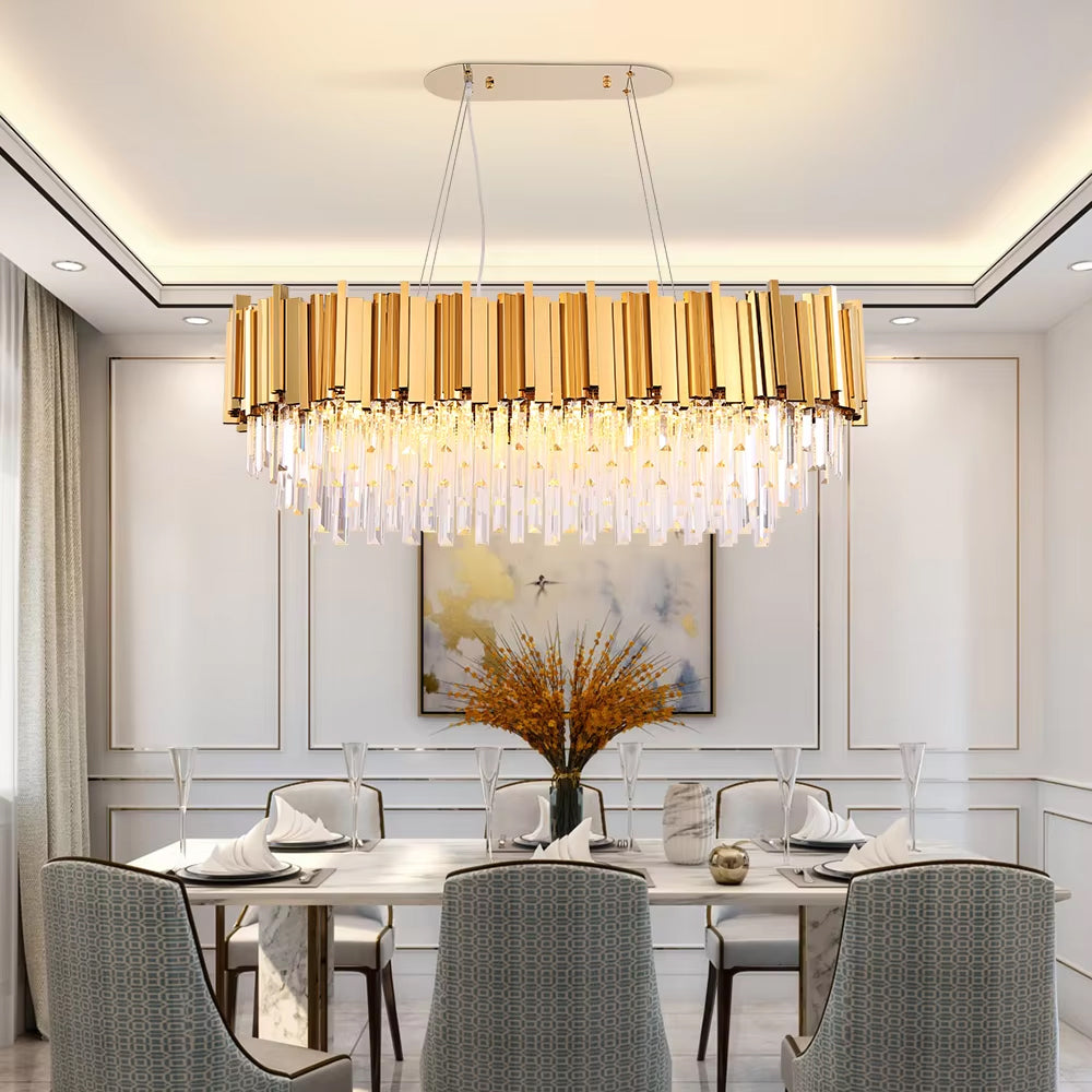 Close-up of gold cuboid tubing on Boeotia rectangular chandelier
