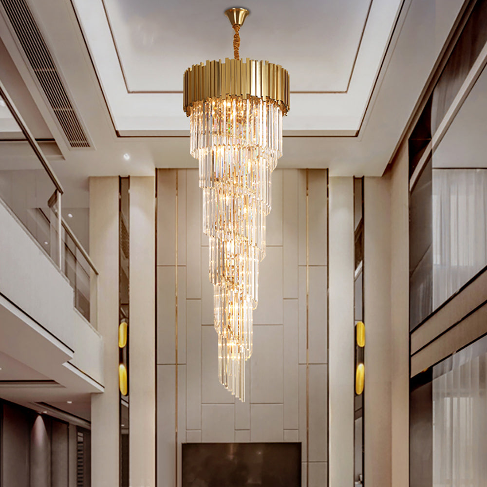 Boeotia gold and crystal spiral chandelier in luxury villa staircase