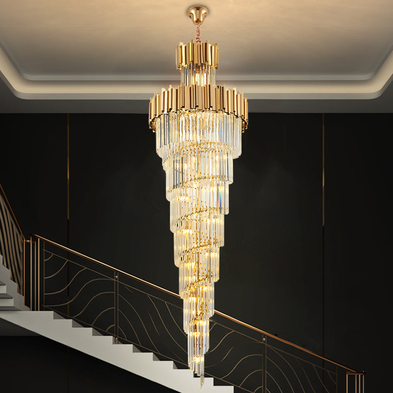 Boeotia Spiral Staircase II chandelier against dark interior backdrop
