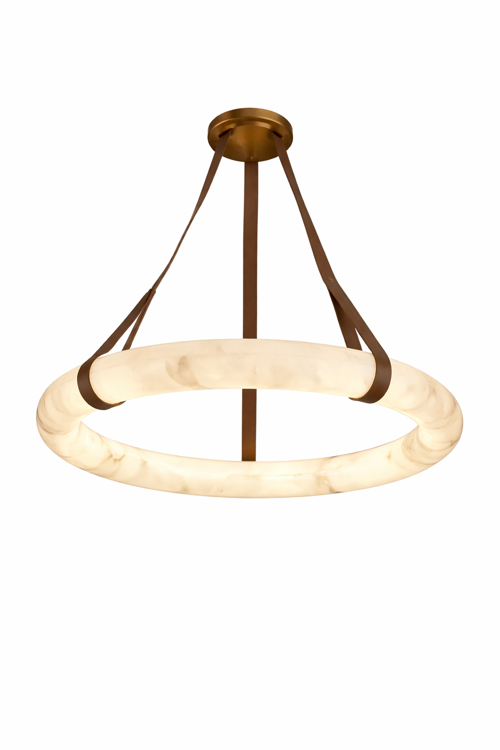 Botticino marble circular chandelier with leather suspension straps