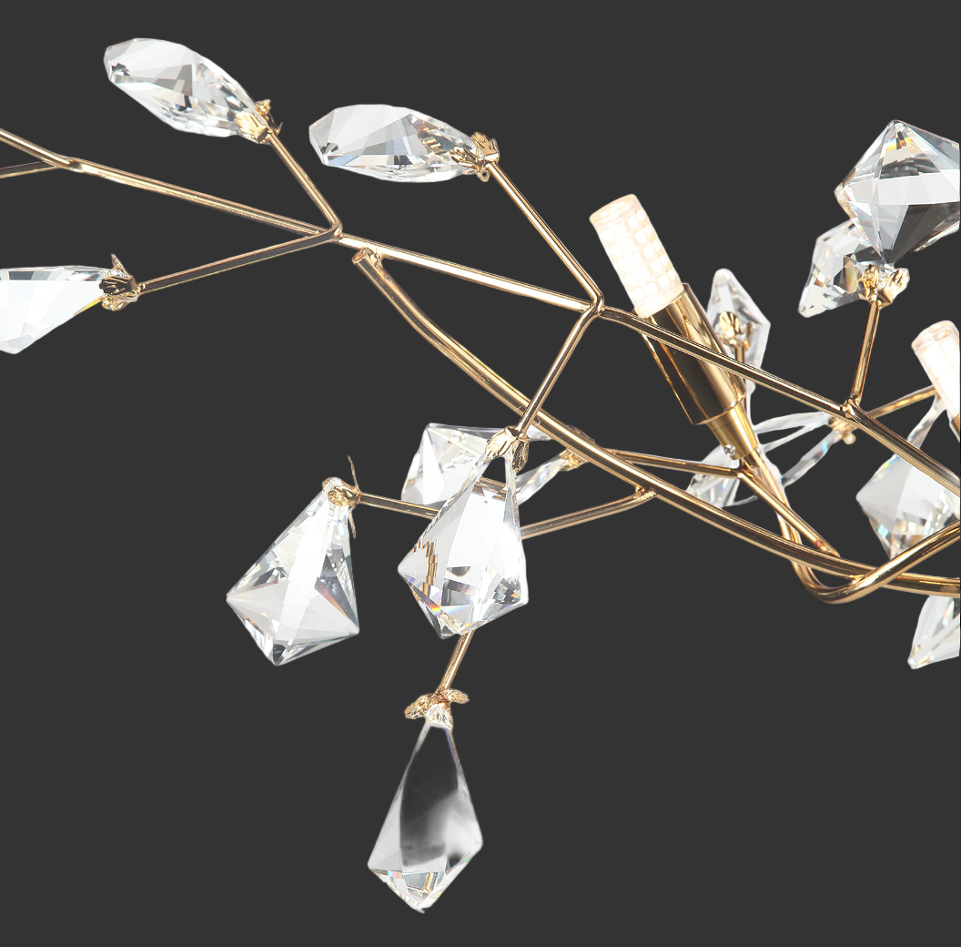 Close-up of diamond cut faceted crystals on Brisella chandelier