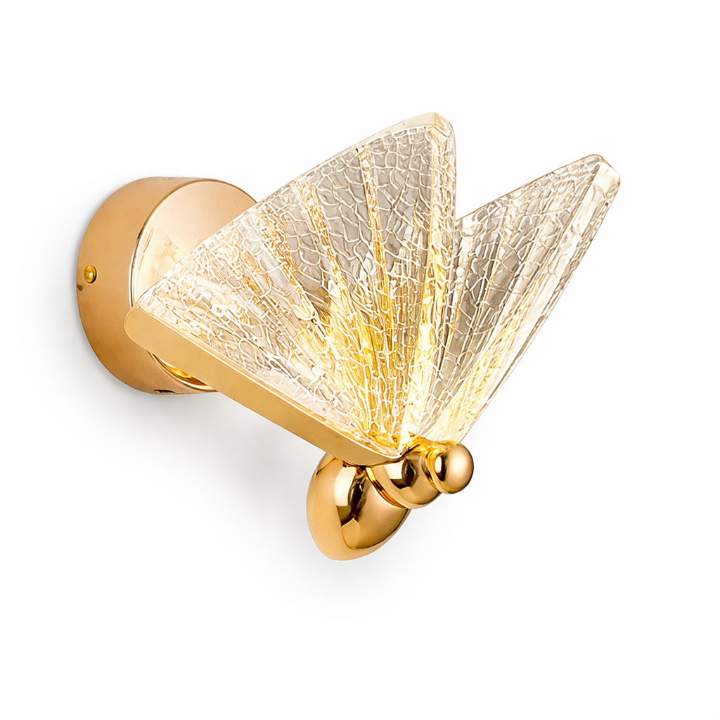 Butterfly wall light with illuminated crystal wings in gold finish