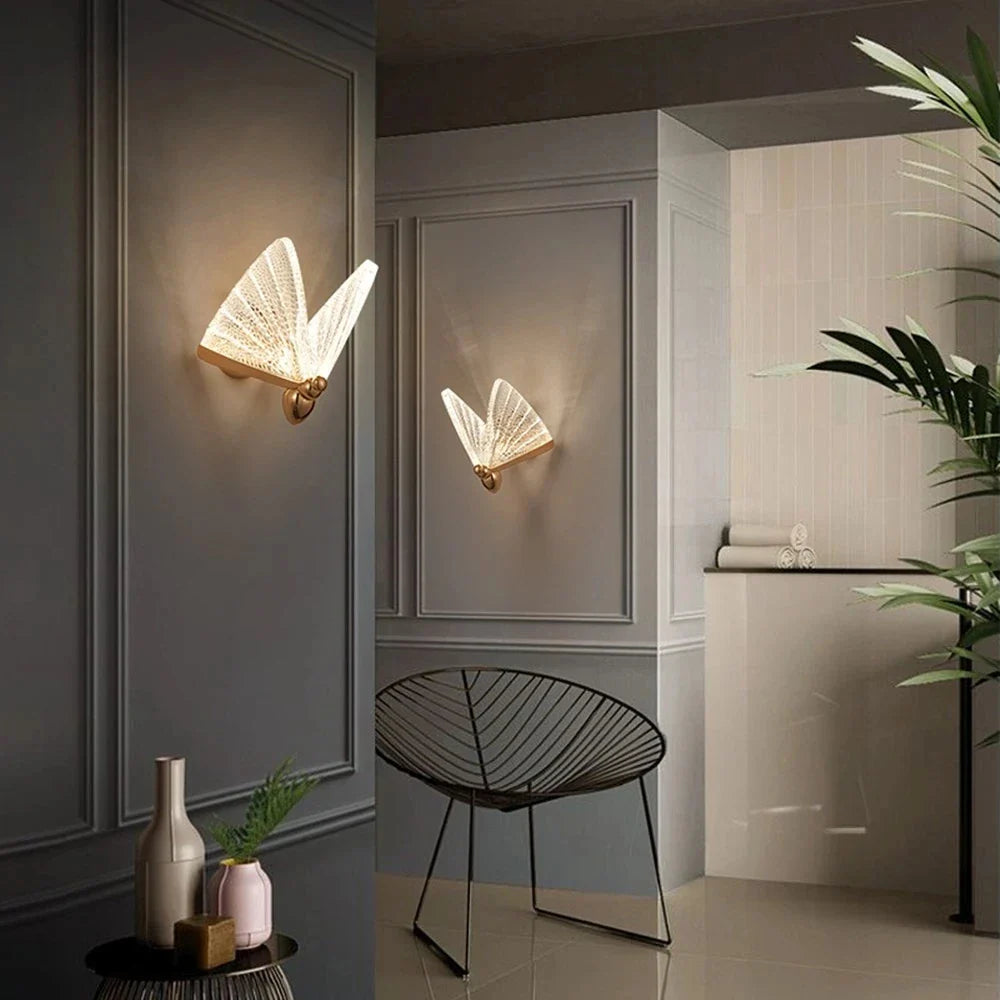 Butterfly wall lights installed along hallway wall