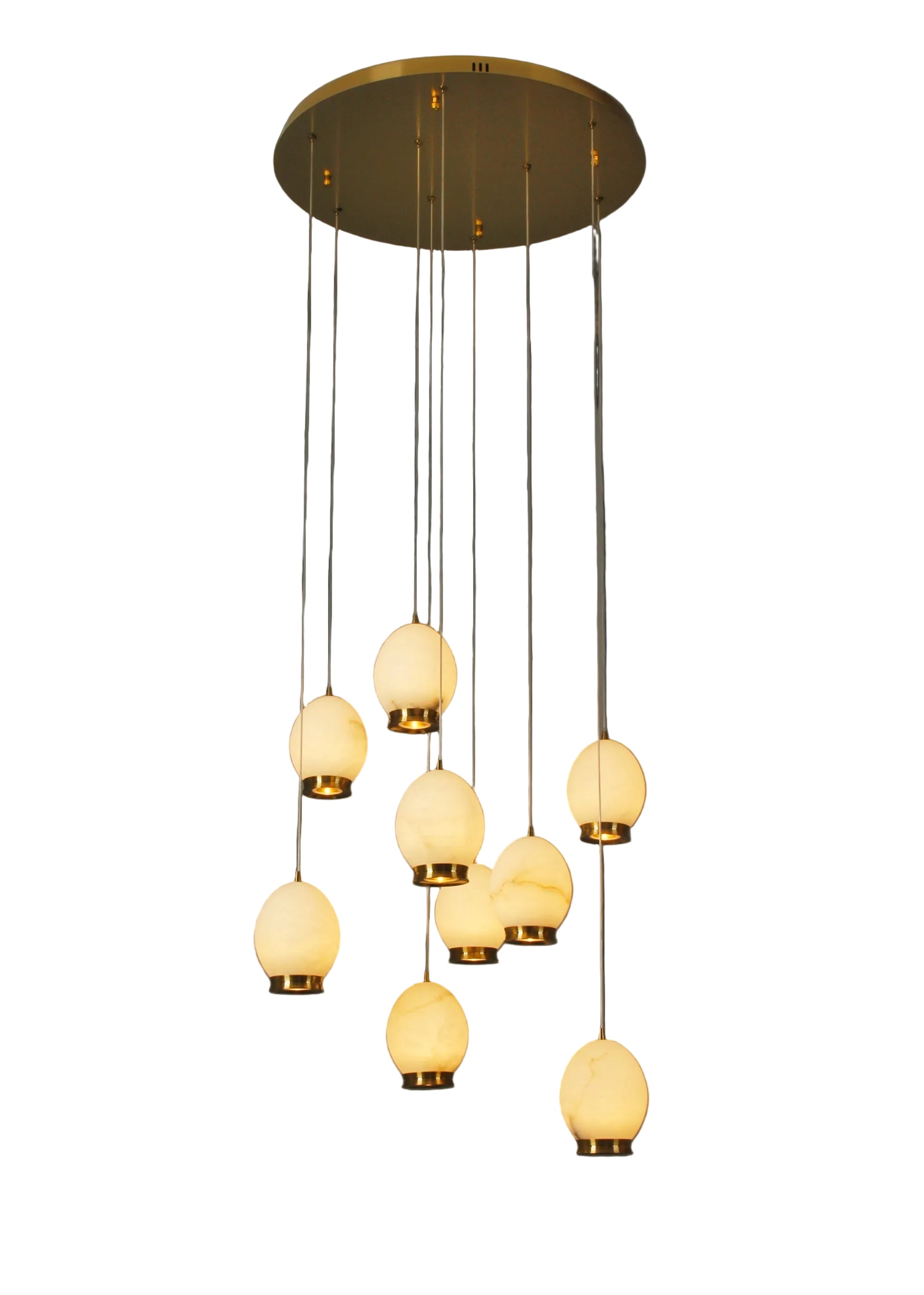 Caledonia marble staircase chandelier with cascading illuminated marble shades