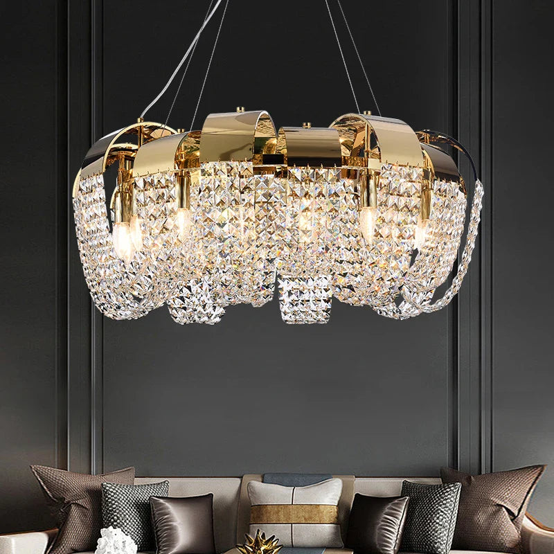 Capri crystal chandelier installed in modern luxury bedroom