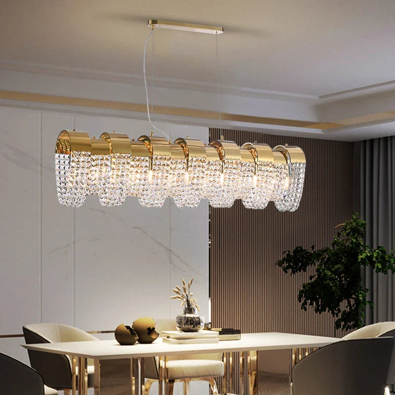 Linear diamond cut crystal chandelier in modern dining room
