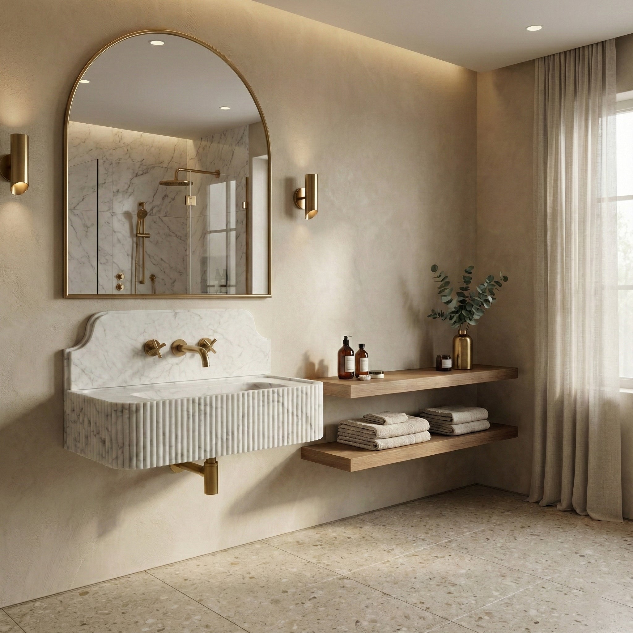 White Carrara Backsplash Sink - Fluted by VORELLI, a refined luxury lighting for luxury residential and project interiors.