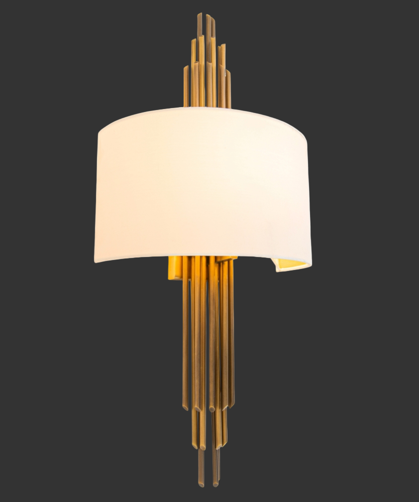 Architectural wall sconce with fabric shade and metal detailing