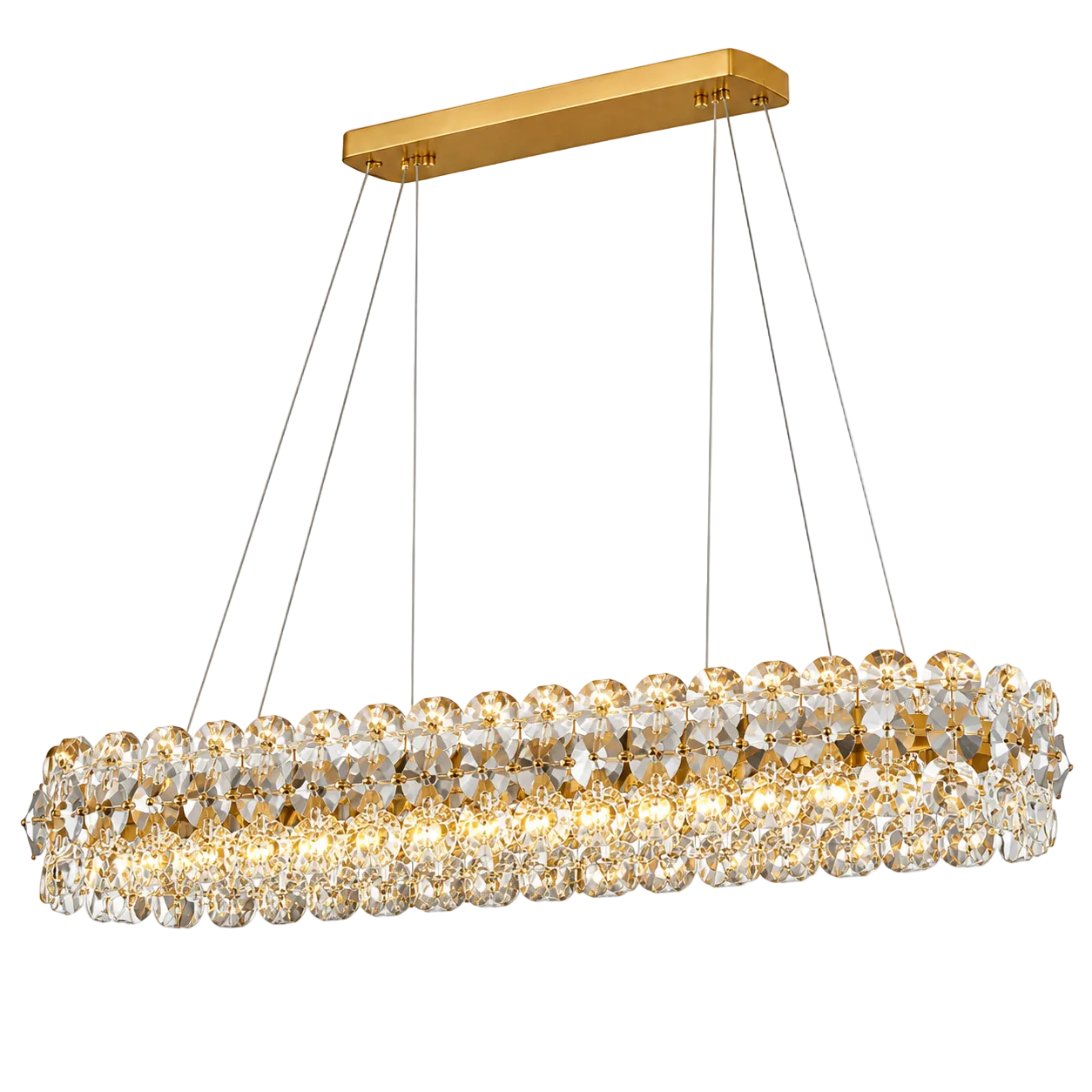 Close-up detail of the VORELLI Astoria Rectangular Chandelier showing the intricate play of light through premium clear and smoky grey crystals.