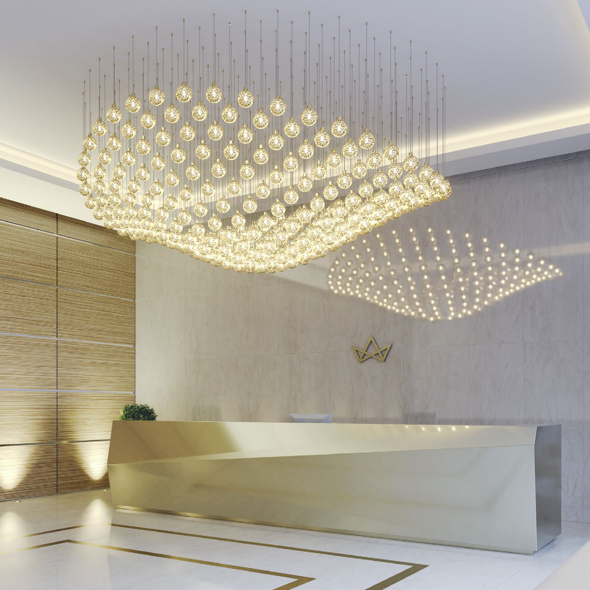 Close-up view of the VORELLI Bubble Orb installation highlighting the meticulous arrangement of floating glass orbs and their sophisticated modern elegance.