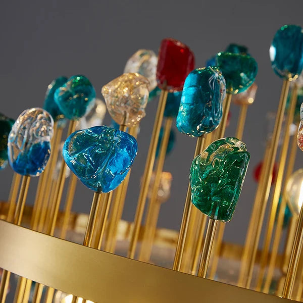 Close up coloured crystal detailing on Alytus rectangular chandelier Dubai
