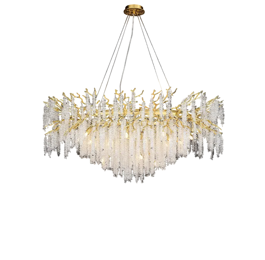 Detailed close-up of the VORELLI Wisteria Circular Chandelier highlighting the organic branch-inspired frame and delicate cascading crystal strands.