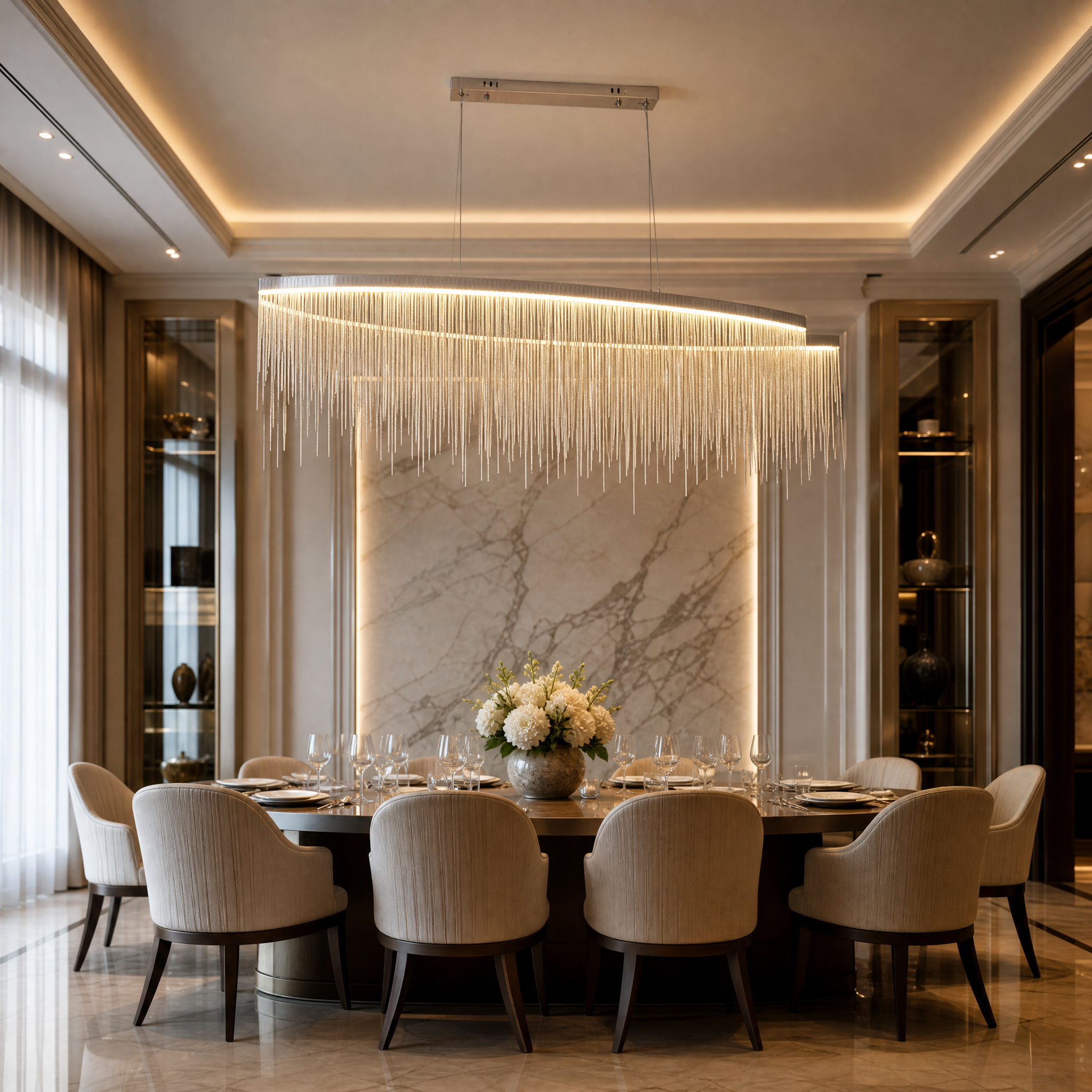 Detailed side profile of the Adlington Arc Rectangular Chandelier by VORELLI showing the precise alignment of the cascading decorative elements.