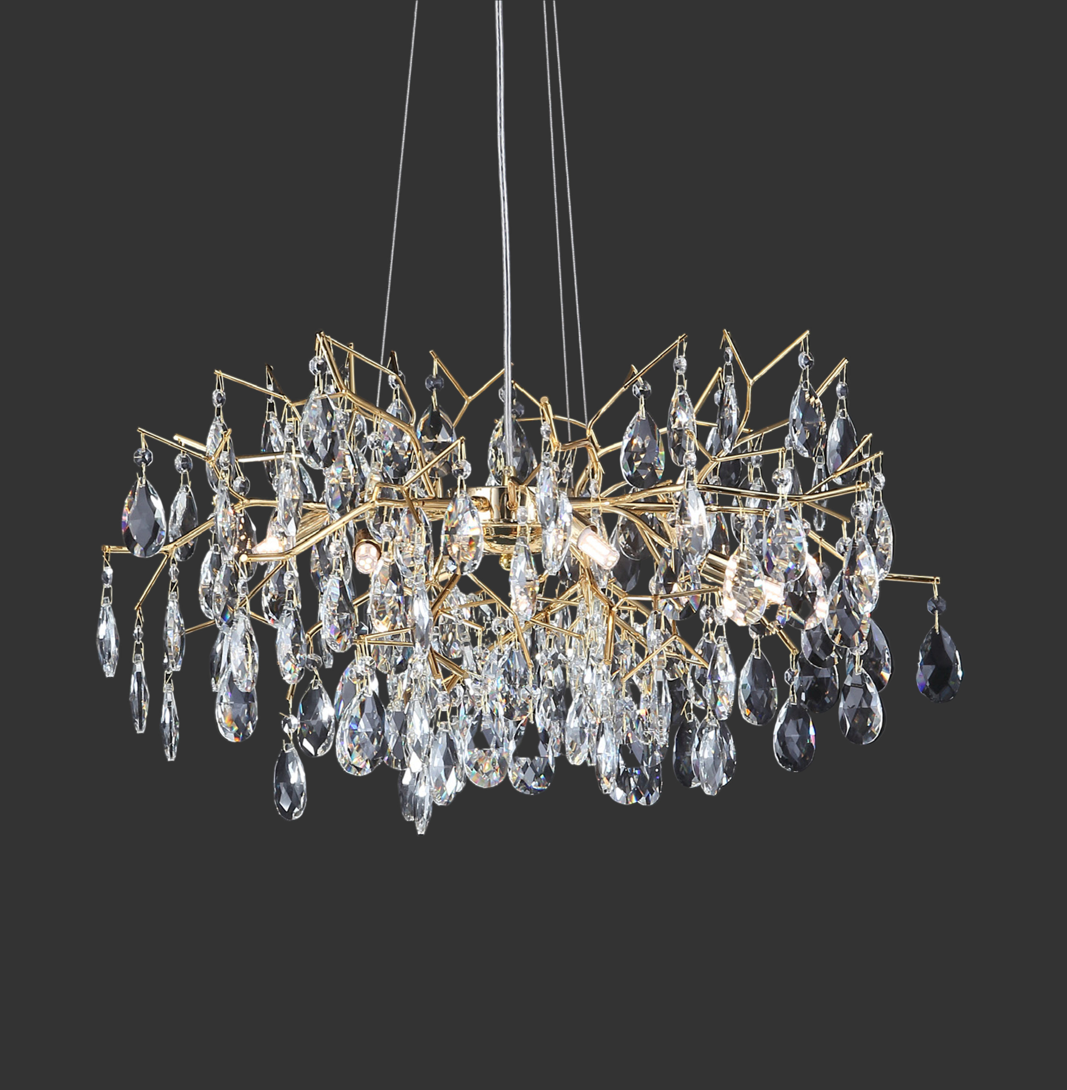 Dewdrop circular chandelier by VORELLI® with cascading crystal drops and gold frame forming a luxury statement centrepiece