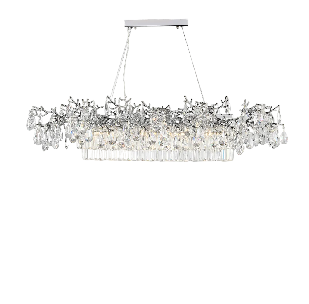 Dewdrop Rectangular Chandelier by VORELLI® featuring layered crystal drops suspended from an elegant rectangular branch frame