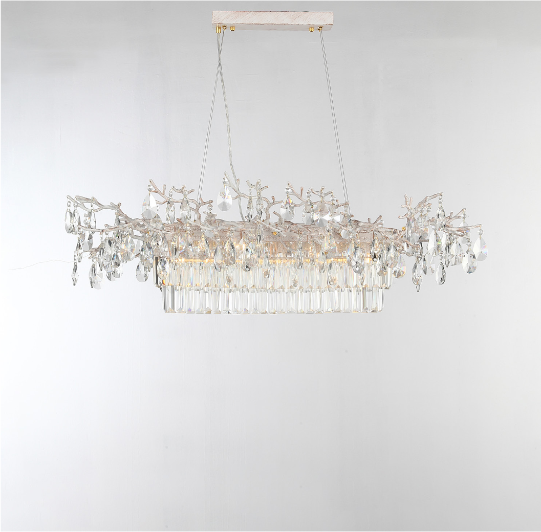 Luxury interior featuring the Dewdrop Rectangular Chandelier by VORELLI® with cascading crystal drops and refined linear form