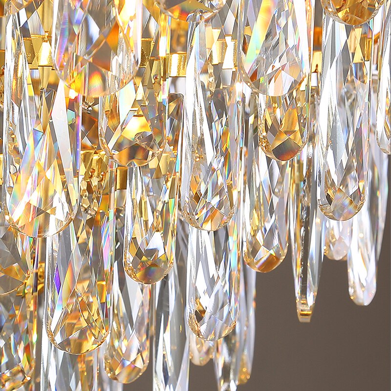 Close-up of oblong and semi-ellipse diamond cut crystals on the Edmond circular chandelier by VORELLI®