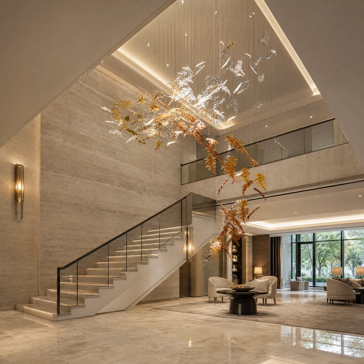 Luxury hotel lobby featuring the VORELLI Ember Leaf bespoke lighting installation, with translucent glass leaves creating an organic, flowing movement.