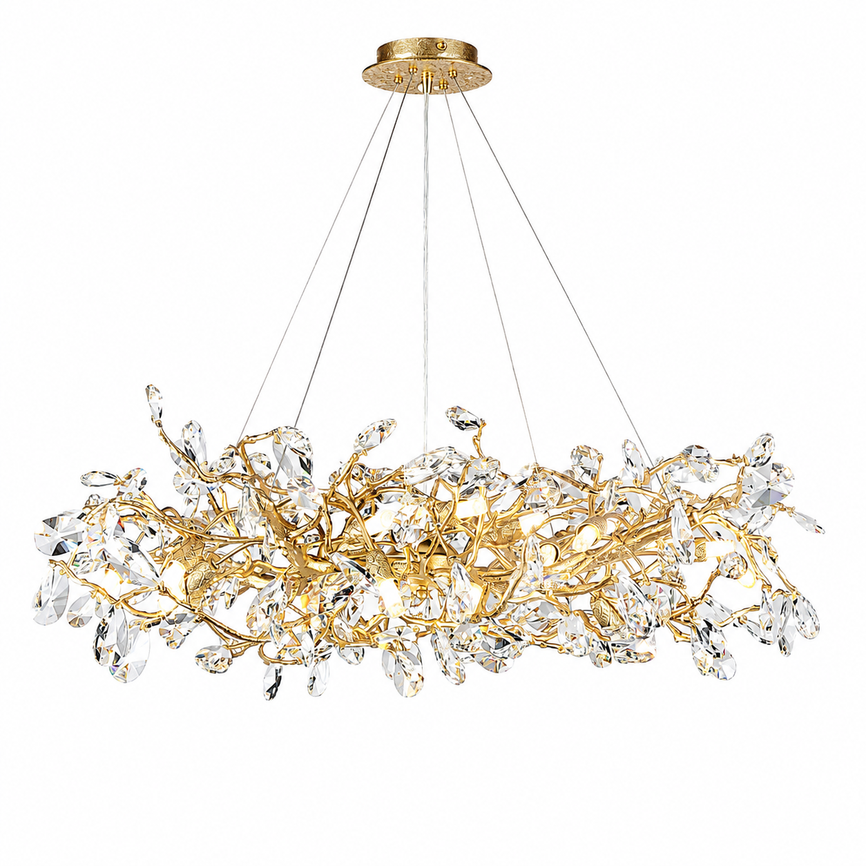 Full view of the Arboré circular chandelier casting warm, ambient light in a refined dining space.