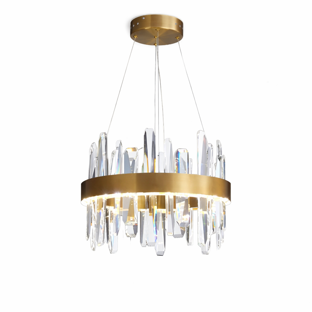 Grantchester Pendant illuminated in a warm, sophisticated living space, showcasing crystal refraction.