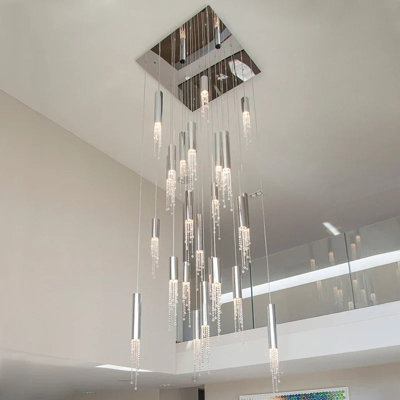 Grosvenor Pendant Staircase Chandelier showing cylinder pendants suspended from a refined ceiling plate