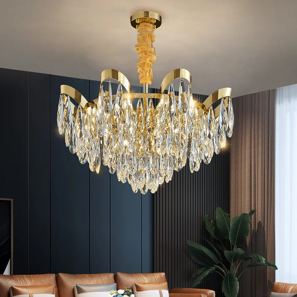 Isso Circular Chandelier illuminating an elegant contemporary interior with layered crystal brilliance