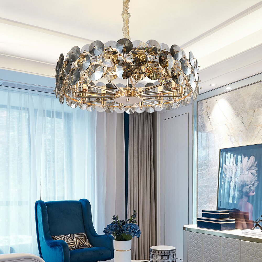 Lorenzo circular chandelier with clear and smoky grey diamond cut crystal discs in a modern luxury living room