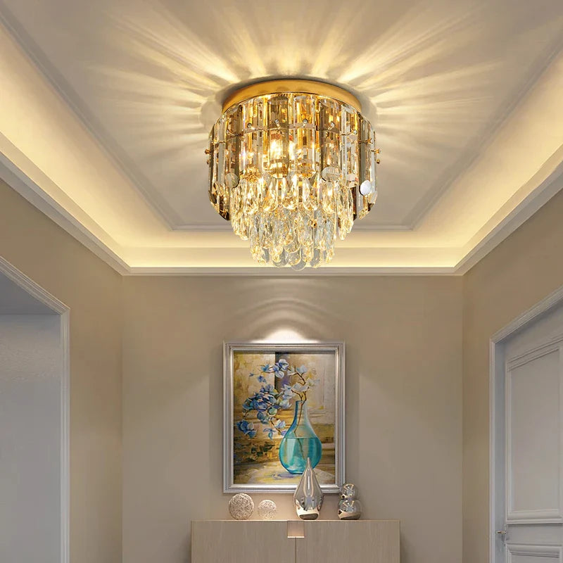 Lugano Ceiling Light II with diamond cut crystals illuminating a luxury hallway interior