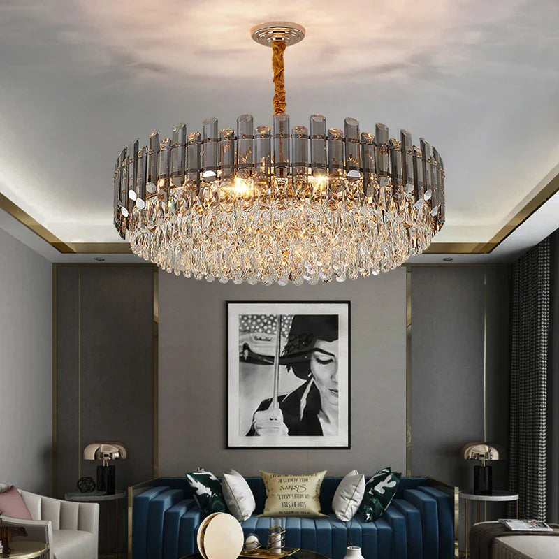 Lugano Circular Chandelier with oblong crystals illuminating a luxury living room interior