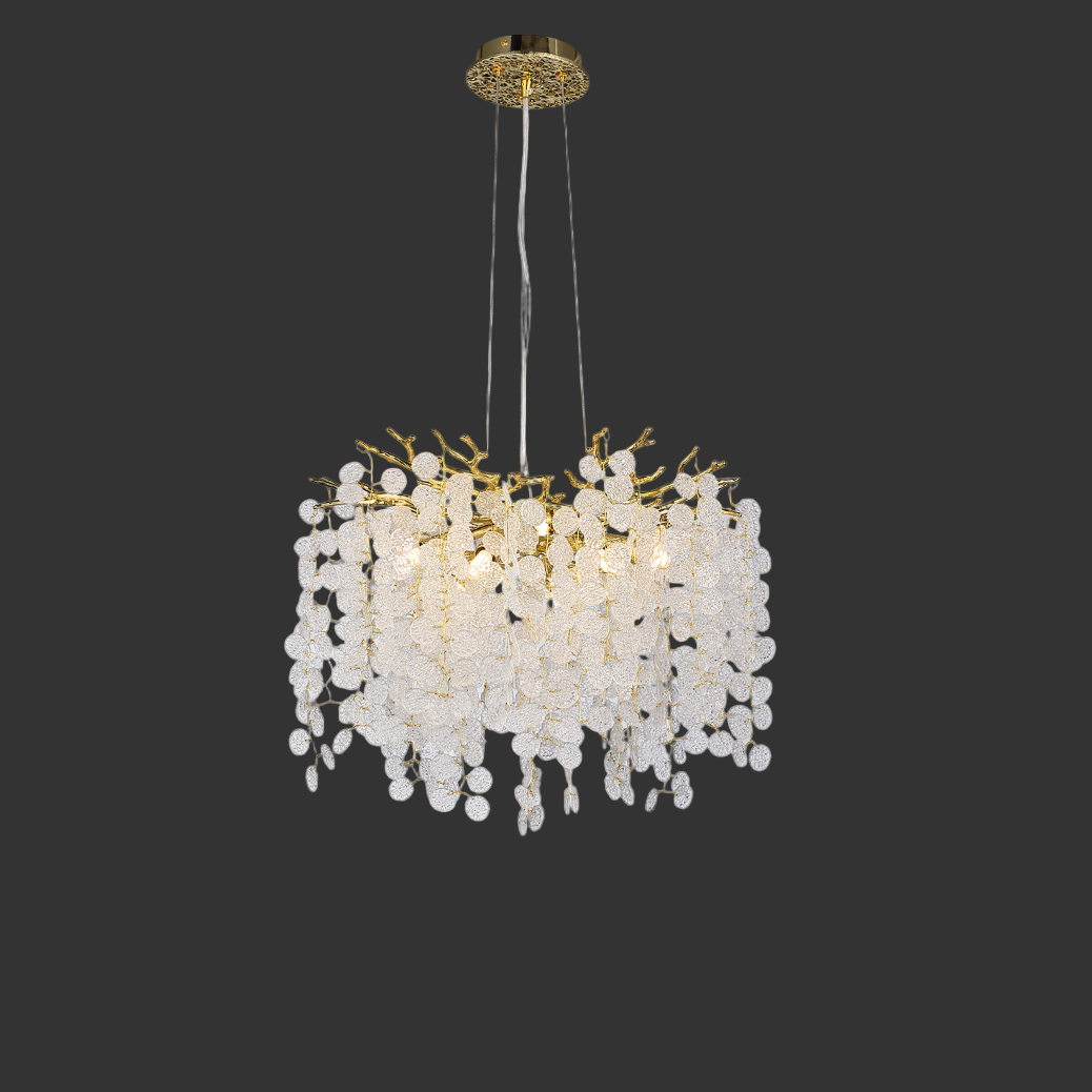 Sculptural Lunaria Circular Chandelier II featuring cascading textured glass discs