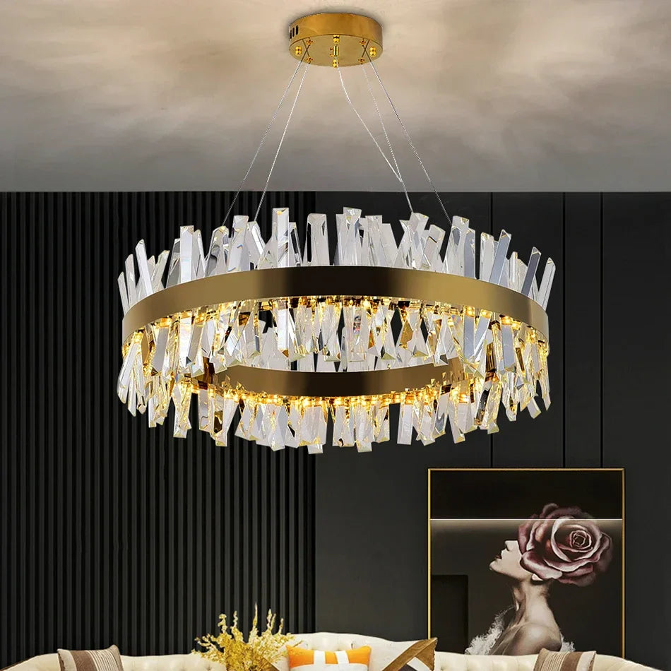 Modern ring chandelier with layered angled crystal bars creating dynamic light reflection and shadow