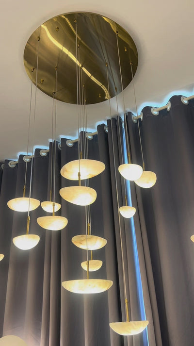 Alba Marble Pendant Staircase Chandelier video by VORELLI® showing staircase chandelier scale for Dubai villas and UAE palace interiors