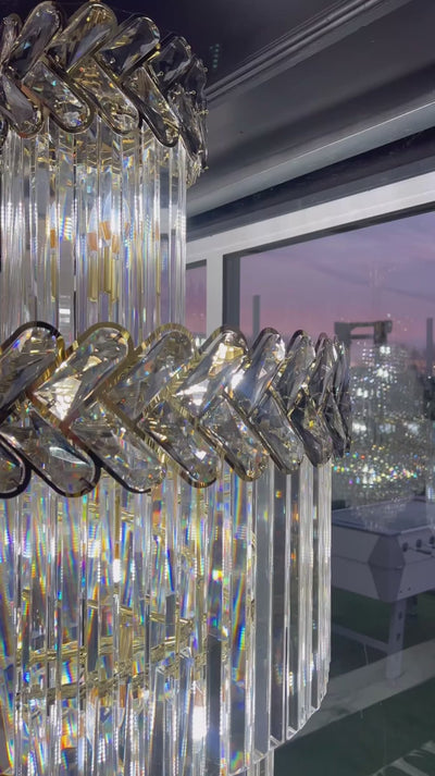 Knightsbridge Spiral Staircase Chandelier video by VORELLI® showing staircase chandelier scale for Dubai villas and UAE palace interiors