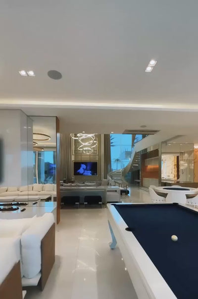 Oia Ring Staircase Chandelier video by VORELLI® showing staircase chandelier scale for Dubai villas and UAE palace interiors