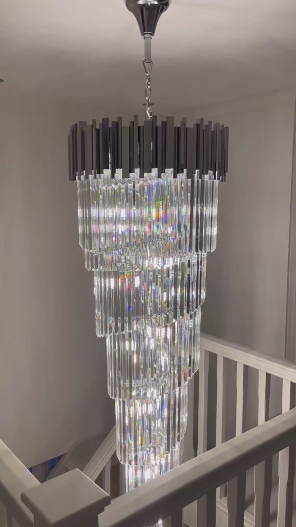 Boeotia Spiral Staircase Chandelier video by VORELLI® showing staircase chandelier scale for Dubai villas and UAE palace interiors