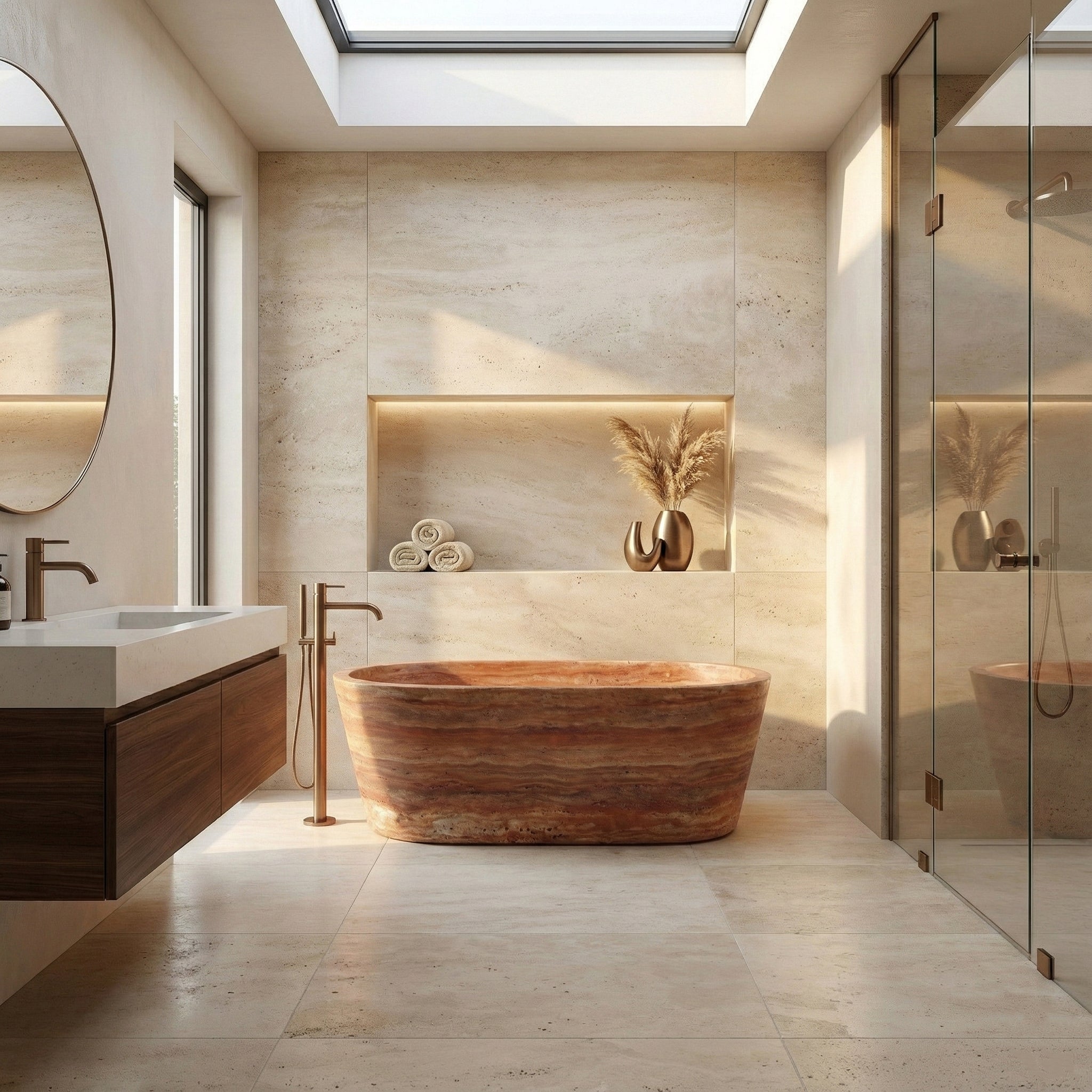Red Travertine Freestanding Bathtub - Tapered by VORELLI