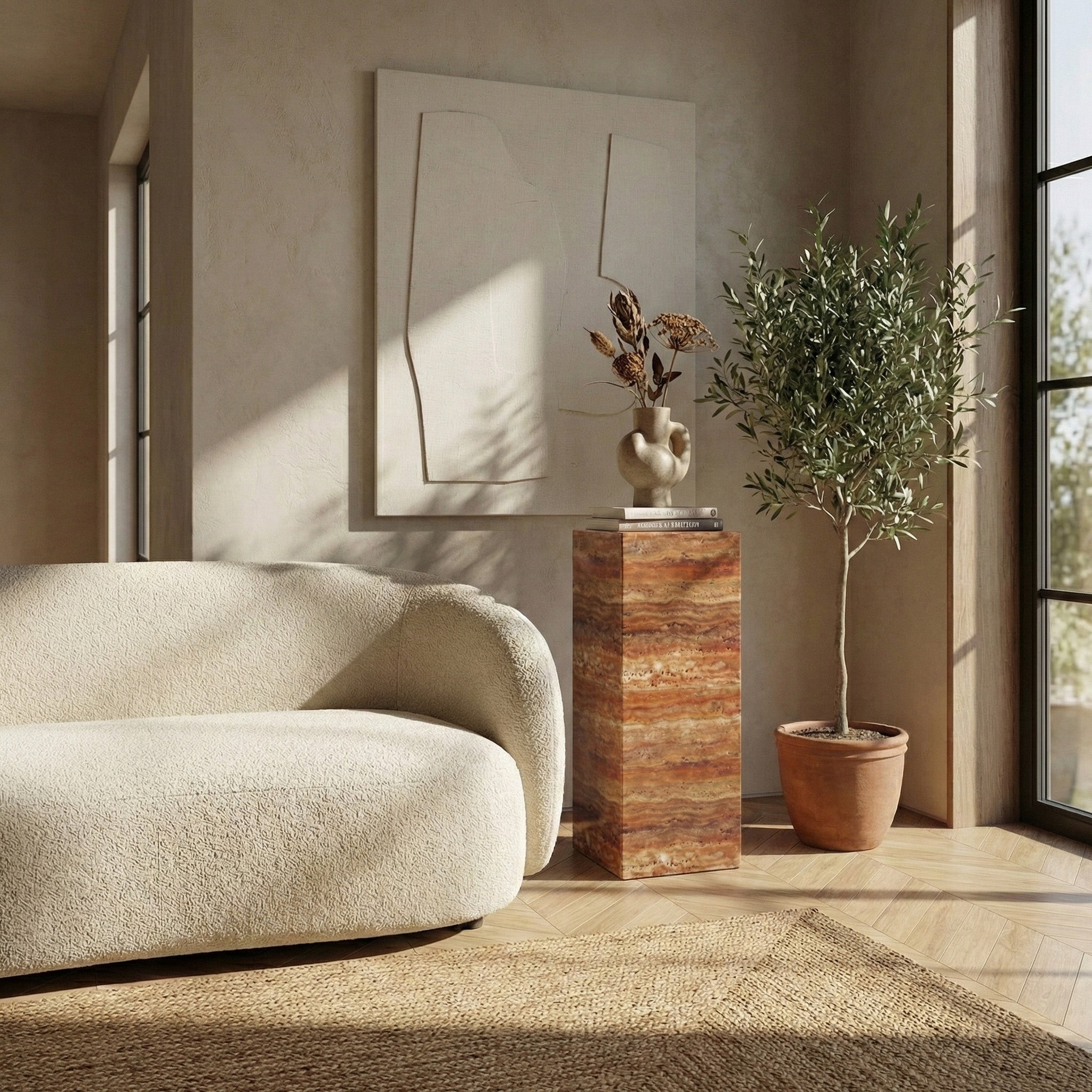 Red Travertine Pedestal Stand by VORELLI