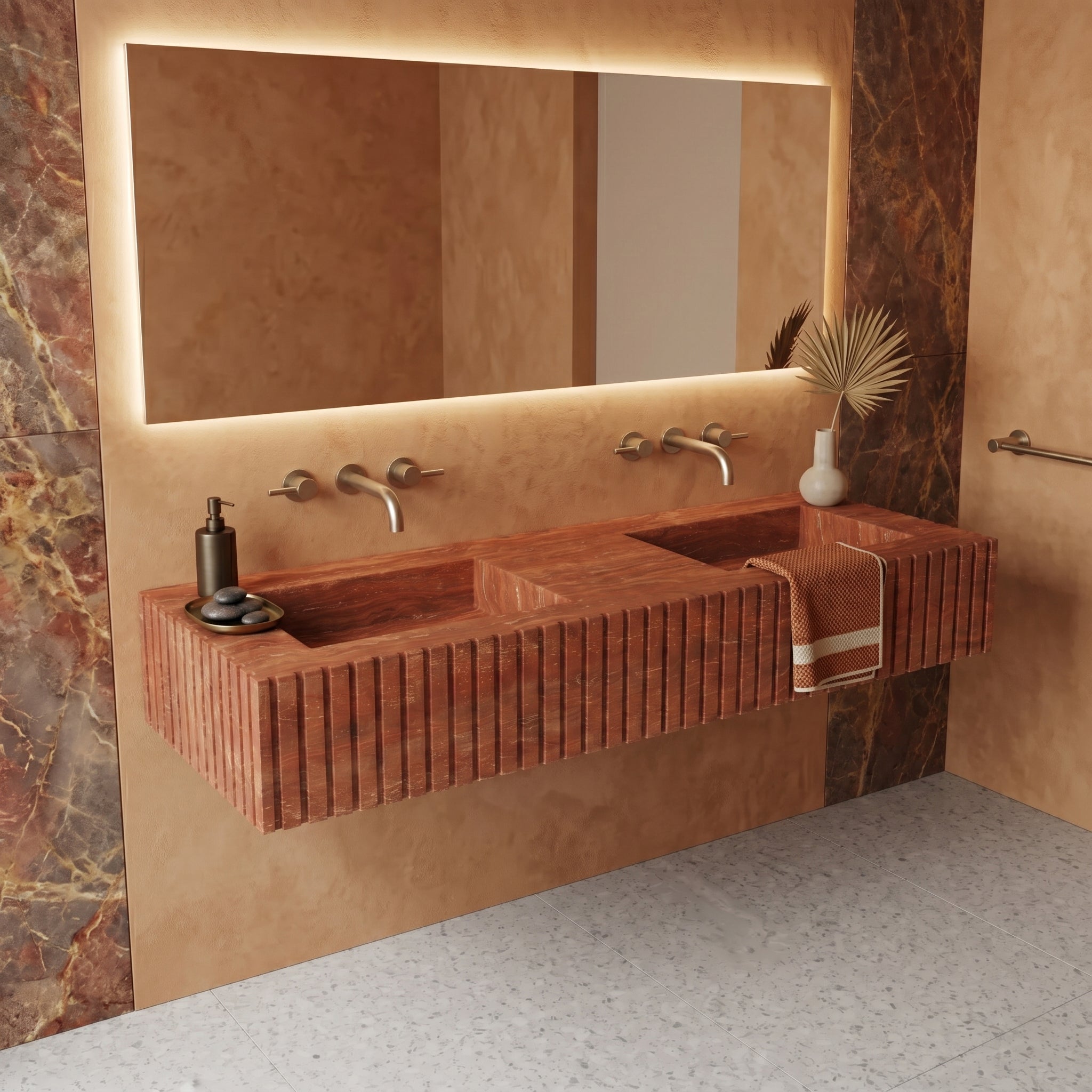 Red Travertine Double Sink - Fluted by VORELLI