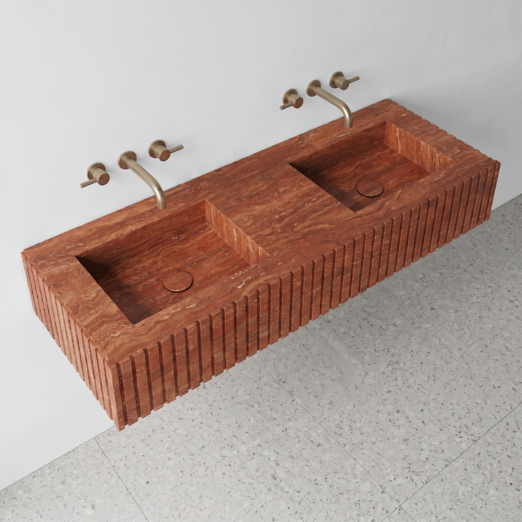 Red Travertine Double Sink - Fluted by VORELLI