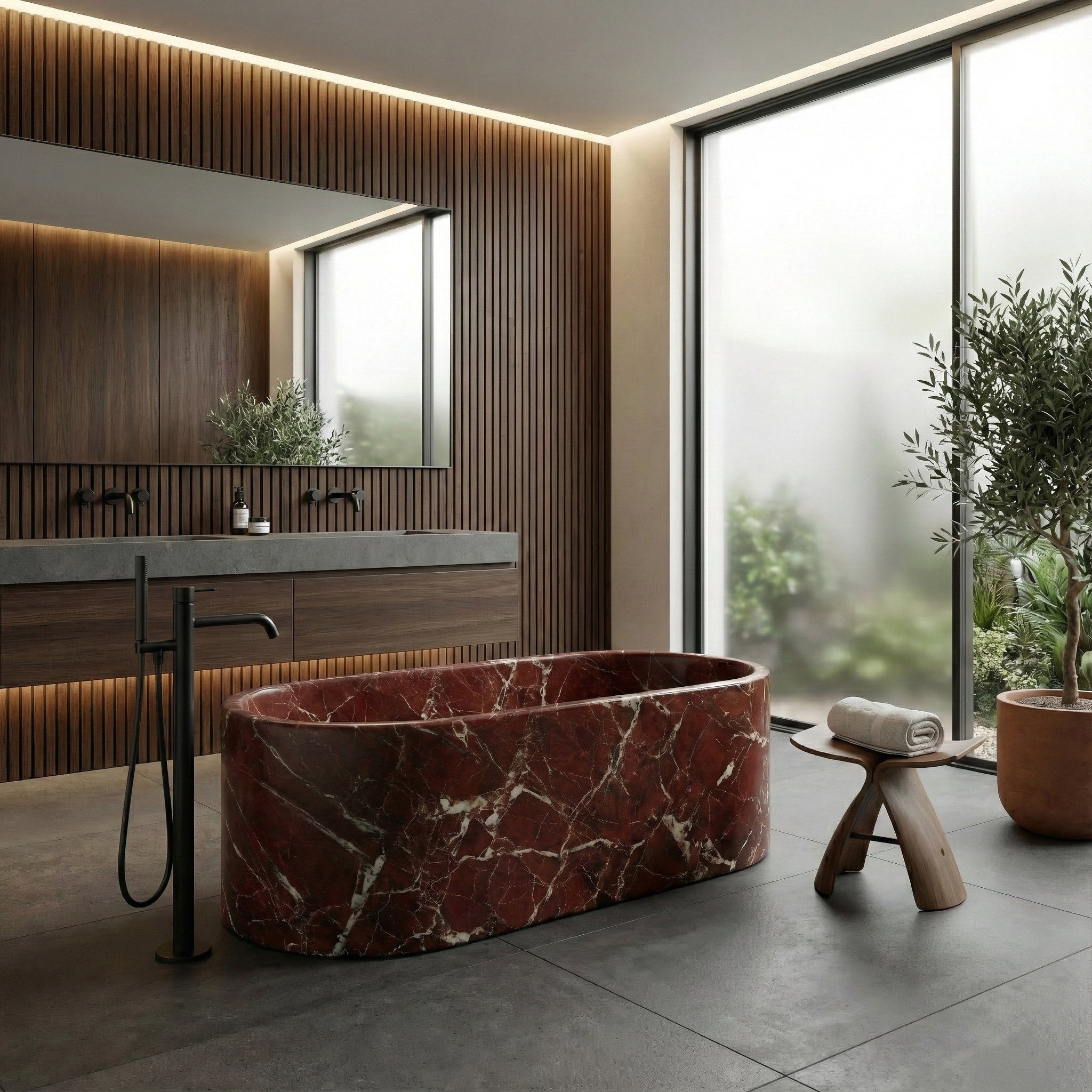 Rosso Levanto Marble Freestanding Bathtub - Elliptical by VORELLI