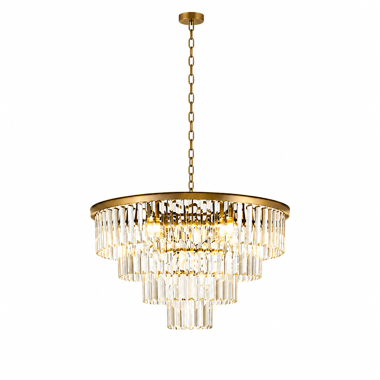 Side view of the Beckenham circular chandelier highlighting its dramatic three-tier cascading crystal structure and brilliant light refraction.