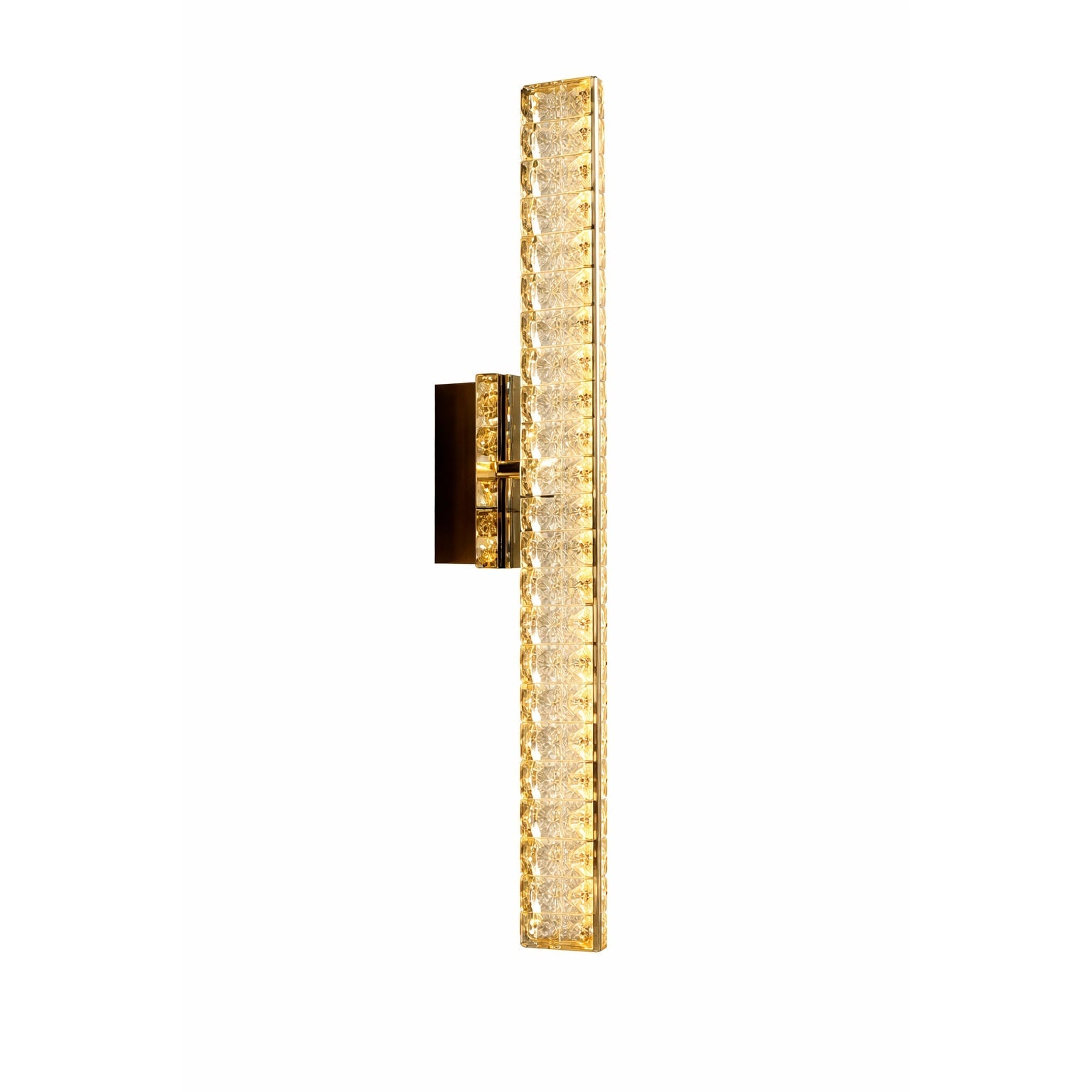 Signature I wall light featuring vertical linear design with diamond cut crystal detailing in modern luxury style on white background