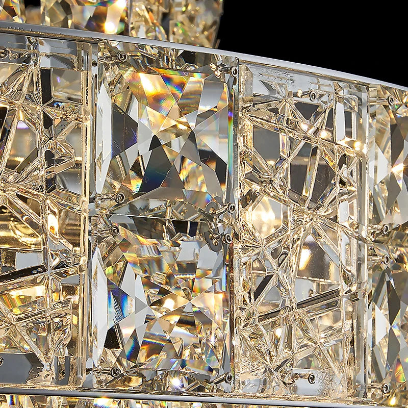 Close up of diamond cut square crystal elements on Stefano multi tier chandelier
