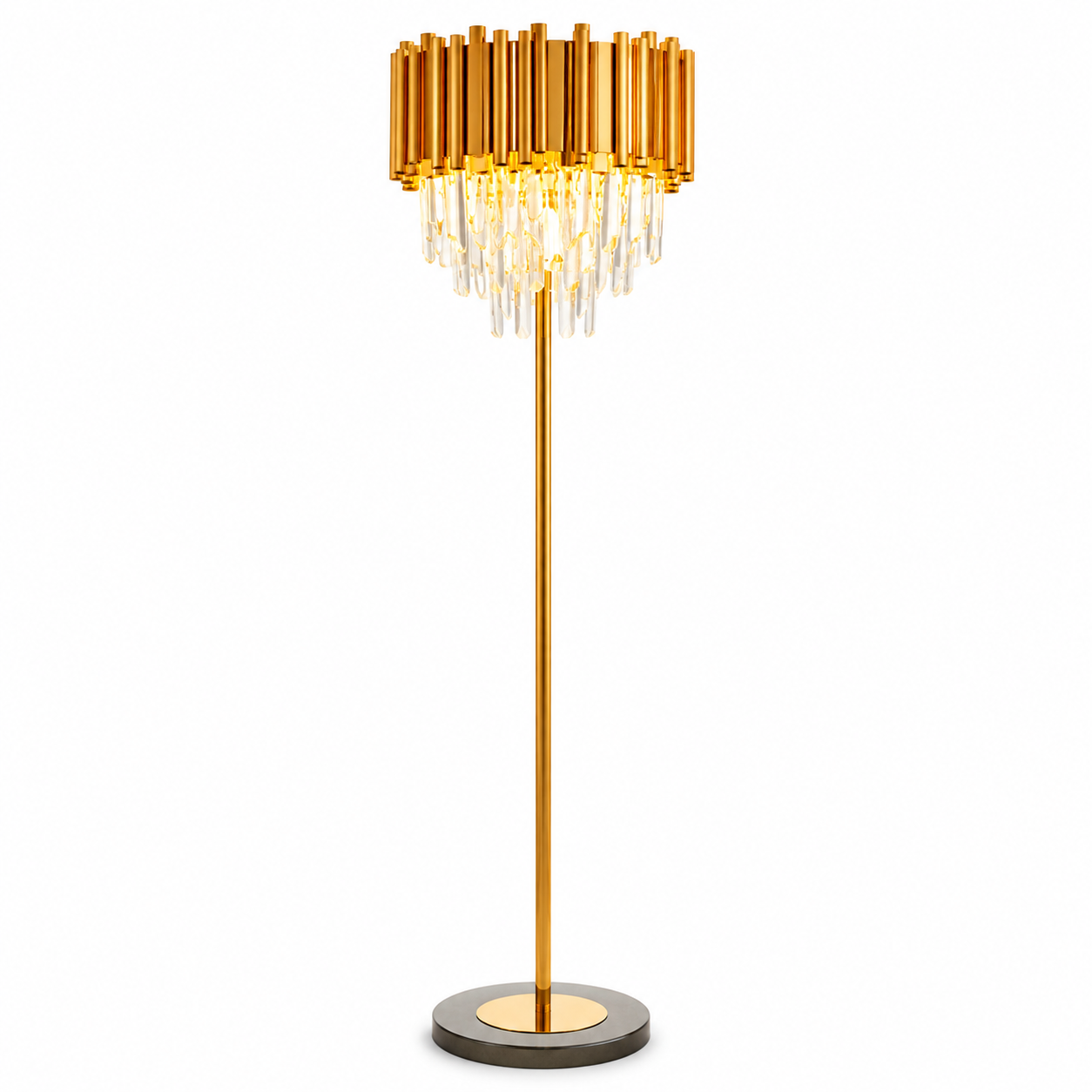 The Boeotia floor lamp showcasing its modern cuboid silhouette and refined aesthetic in a dimly lit space.