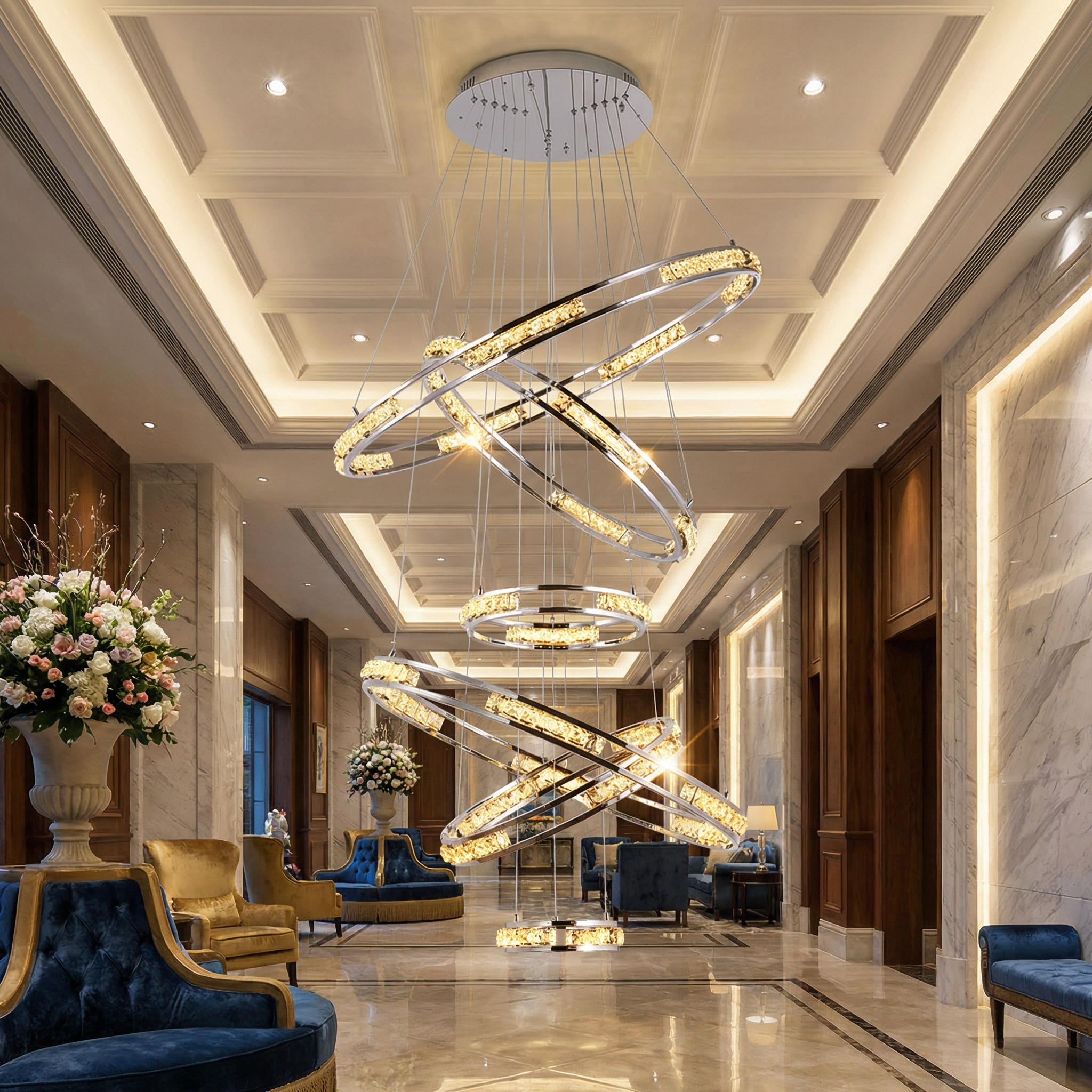 Modern LED spiral ring staircase chandelier by VORELLI suspended in an elegant high-ceiling living space