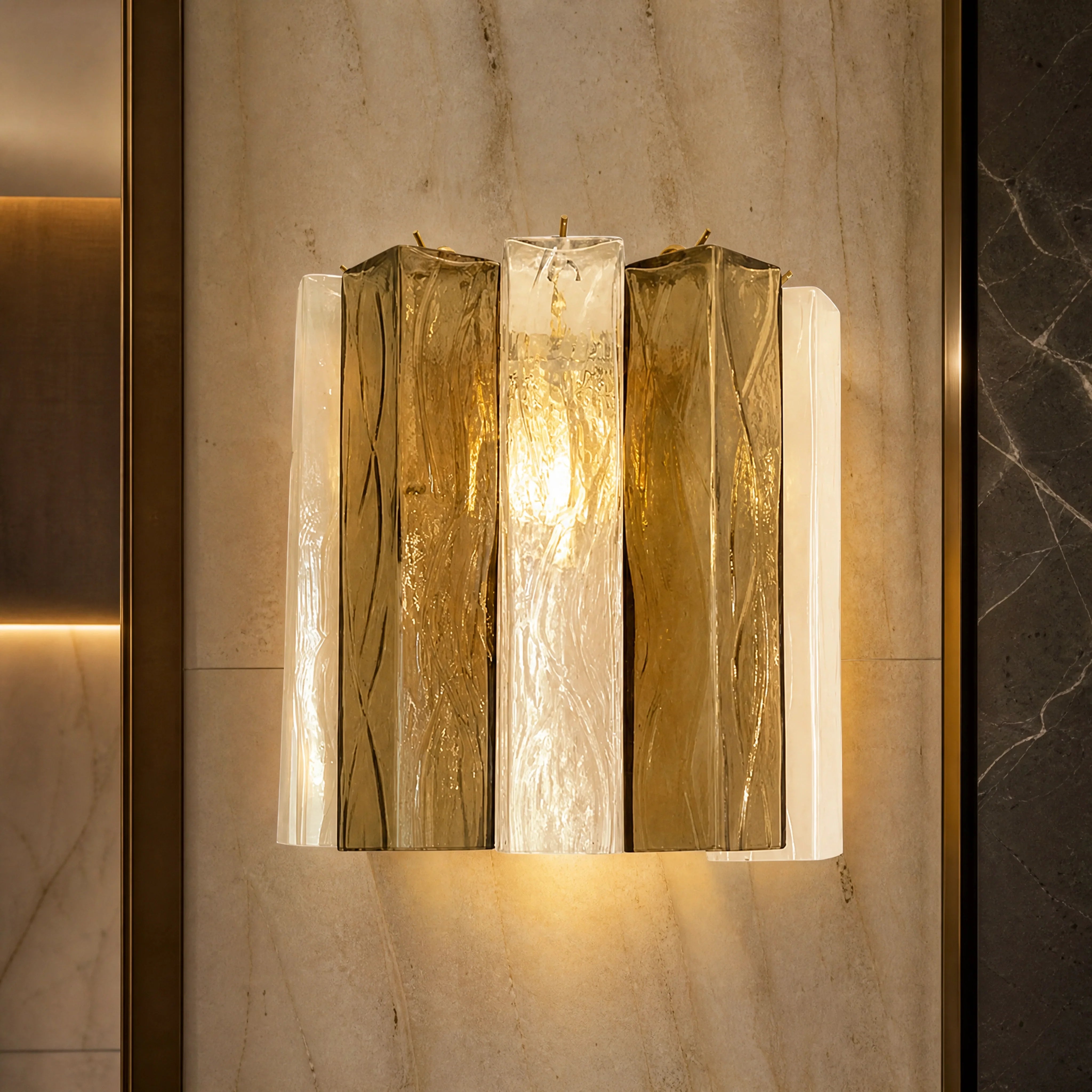 Adria Squares Murano Glass Wall Light close-up luxury lifestyle hero image by VORELLI