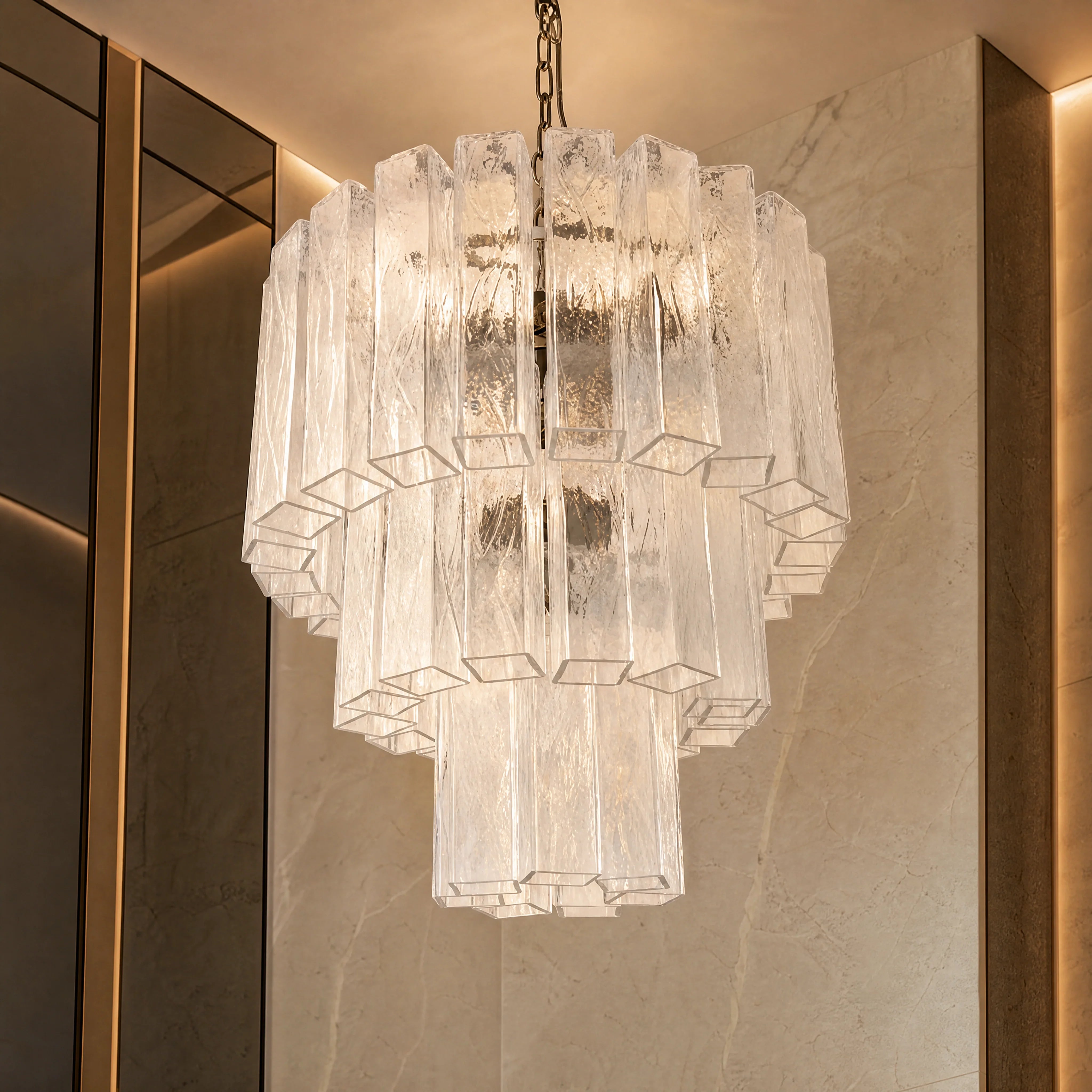 Amalia Squares Murano Glass Staircase Chandelier close-up luxury lifestyle hero image by VORELLI
