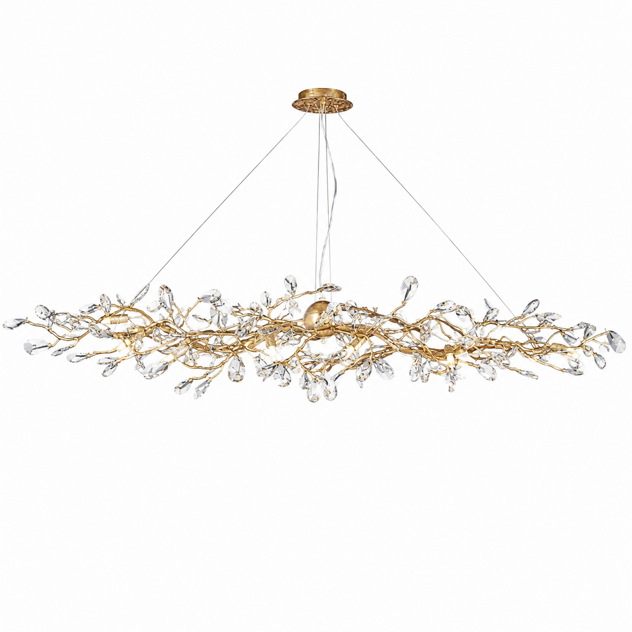 VORELLI Arboré Rectangular Chandelier II close-up showcasing the detailed diamond-cut faceted crystals and elegant branching frame design.