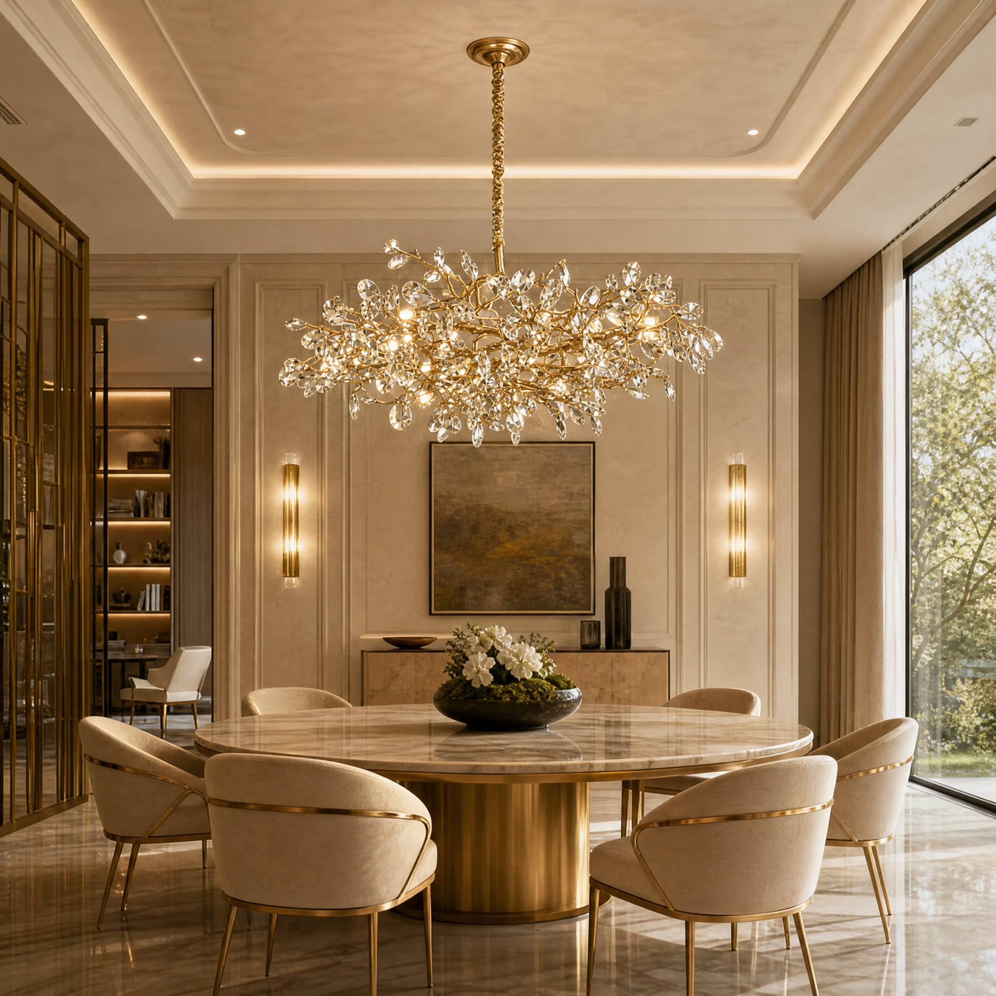 VORELLI Arboré Circular Chandelier II casting a warm, elegant glow over a high-end residential dining room table.